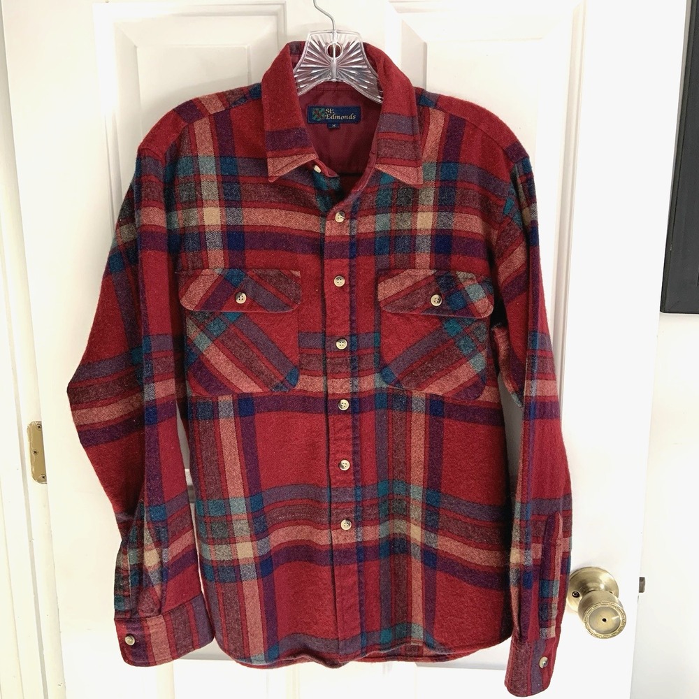Vintage Wool Red Plaid Flannel Shirt St Edmonds men sz M 85 Wool 15 Nylon Korea